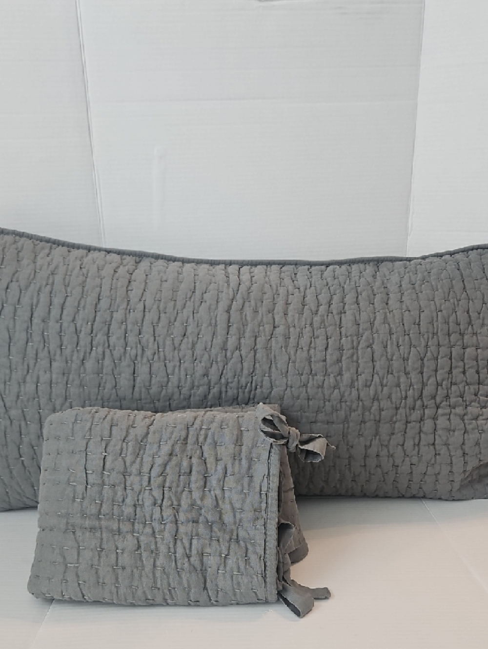 Pottery Barn Gray Quilted Cotton Linen Blend Tie Closure King Pillow Shams